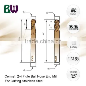 Cermet 2-4 Flute Ball Nose End Mill Cutter For Cutting Stainless Steel thumbnail-2
