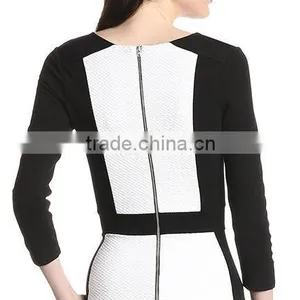 Black and White Match Deep v Neck up to Knee Long Sleeve Career Dress thumbnail-1