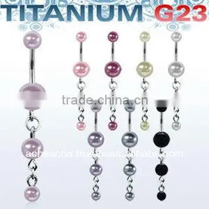 Titanium G23 Belly Banana Bar, 14g (1.6mm) With 5 & 8mm Faux Pearl Balls and Double Dangling Pearls thumbnail-1