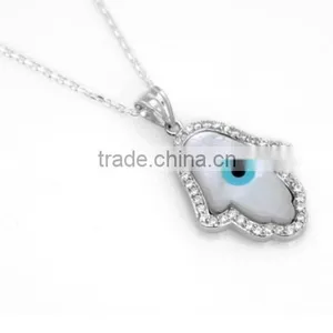Rhodium Plated 925 Sterling Silver Cubic Zircon&Mother Of Pearl Hamsa Hand Necklace With Cz Stone thumbnail-2