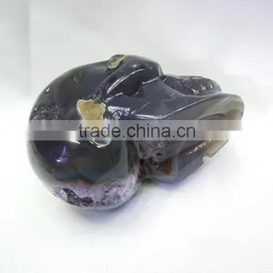 Natural Amethyst Crystal Quartz Points Carving Skull, Purple Crystal Quartz Skull for Sale thumbnail-6