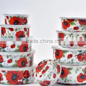 Flower Decal Printing Enamel Storage Food Container Set With Plastic Lids thumbnail-2