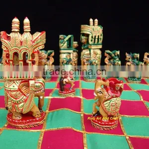 Hand Crafted Hand Painted Artisan India Art & Craft Fine Carvin Wooden Chess Set thumbnail-1