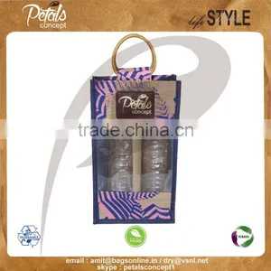 PP Laminated Jute Two Bottle Wine Bag With Window & With Wooden Cane Handle With Inside Partition thumbnail-1