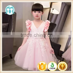 New Baby Frock Design 2017 Sleeveless Pink and Gray Embroidery Flower V Collar Vietnam Party Dresses Chiffion Wedding Dresses thumbnail-1
