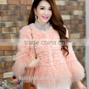 Women's Real Rabbit Fur Coat With Mongolia Lamb Fur Big Skirt Hem Bright Color Natural Fur Coats Female thumbnail-4
