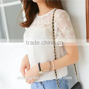 2016 Hot Sale New Summer Lace Collar Chiffon Short Sleeve Blouse Shirt Women Casual Sexy Tops thumbnail-2