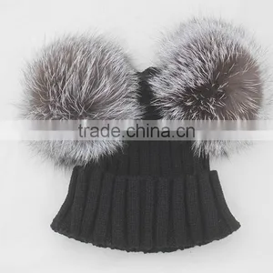 Myfur Black Double Silver Fox Fur Pom Puff Knitted Funny Cute Beanie Hats thumbnail-6