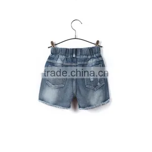 China Apparel Factory Elastic Ribbon Waistband Kids Printed Shorts Jeans With Hole thumbnail-3
