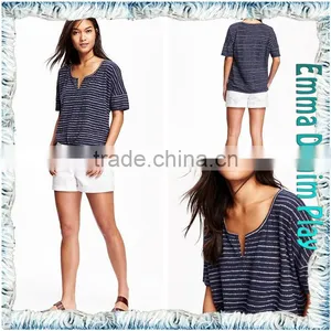 Hot Styles High Quality Ladies Blue White Stripe Knit Open O Neck T-Shirts Adult's Tops thumbnail-3