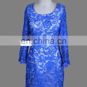 Cheap Royal Blue Scoop Neckline Knee Length Short Lace Pattern Evening Dress Long Sleeve thumbnail-4