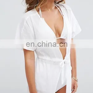 Ladies Sexy Striped Tie Front Maxi Beach Shirt in Self Stripe thumbnail-3