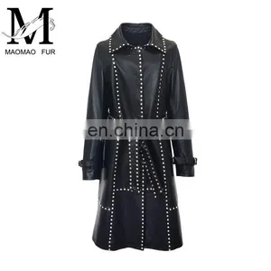 Women Fashion Long Black Rivet Real Leather Coat Leather Trench Coat thumbnail-6