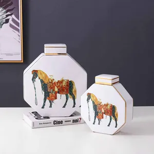 European Simple Style Hexagonal Cylinder Horse Painting Ceramic Flower Vase With Square Lid For Home Decoraration thumbnail-2