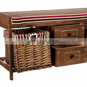 WOOD WICKER SEAT DRAWER STORAGE CABINET CUPBOARD HALLWAY FURNITURE SHOE RACK thumbnail-1