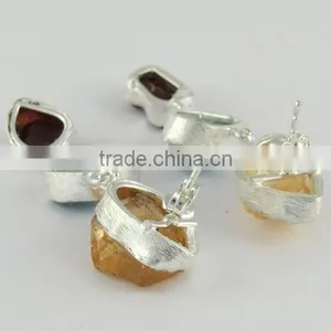 Designer Rough Citrine & Aquamarine & Garnet Silver Earring, Gemstone Silver Jewelry, Handmade Silver Jewelry thumbnail-4