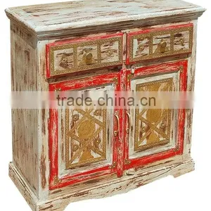 French Vintage Reclaimed Wood Cabinet, Colorful Brass Fitted Cabinet thumbnail-1