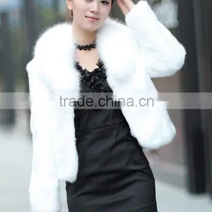 Fashionable White Rabbit Fur Coat With Fox Fur Collar thumbnail-1