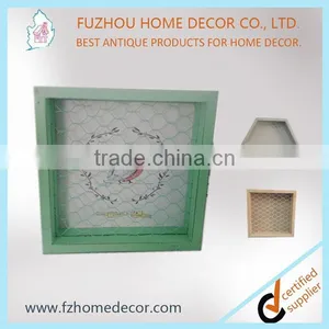 Wooden Hexagon Wall Shelf With Metal Mesh /chrome Wire Shadow Box thumbnail-3