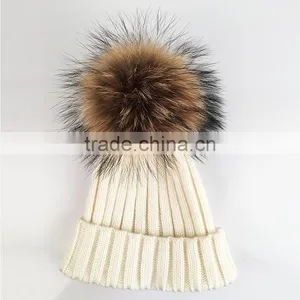 Myfur Knitted Beanie With Fur Pompom Girls Winter Beanie Hat Crochet Cap thumbnail-2
