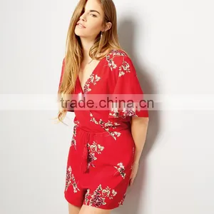Drawstring Short Sleeve Playsuit for Women Rayon Floral Clothing thumbnail-5