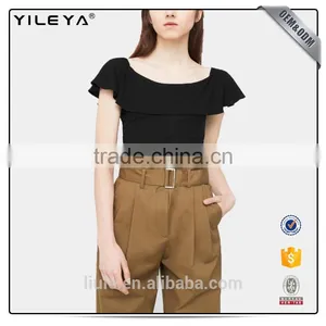New Arrivals Fashion Striped Ruffled Trim Accordion Pleated Mature Ladies Blouse thumbnail-3