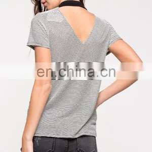 Custom Wholesale V-neck and Back Cotton Striped t Shirt for Women thumbnail-3