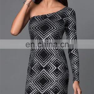 Wholesale One Sleeve Silver Glitter Print Dress Design Women Party Dresss thumbnail-4