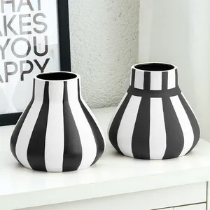 Classics White And Black Stripe Large Simole Style Ceramic Vase, Hotel And Living Room Decoration thumbnail-2