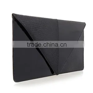 Black Patchwork Lizard Skin and Suede Leather Flat Envelope Hand Bag Clutch Bag Handbag for Women thumbnail-3