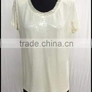 European Fashion Style Round Collar Short Sleeve Sequined White Blouse thumbnail-1