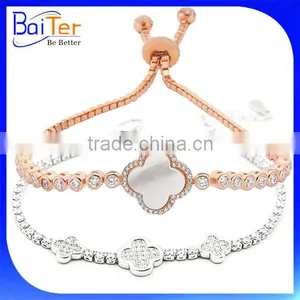 Turkish 925 Sterling Silver Four Leaf Clover Mother of Pearl Cz Tennis Bracelet thumbnail-1