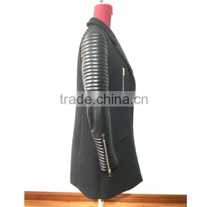 2016AW Woolen Garment Customized Woman's Fashion Long Biker Coats Embroidered PU Sleeve thumbnail-3