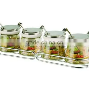 SINOGLASS 4 Pcs With Lazy Chef Decal and Chrome Spice Rack Cone Shape Glass Spice Jar Rack thumbnail-1