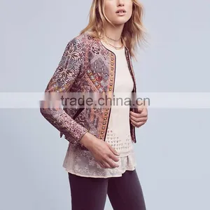 European Autumn Woman Metal Studded Print Cropped Jacket for Woman thumbnail-2