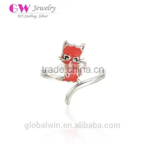 Sterling Silver Jewelry Red Enamel Cute Cat Lady Ring thumbnail-1