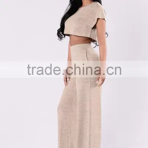 Jump Suit 100 % Polyester Sleeve Crewneck Cropped Length Sweater Knit Top And Wide Leg Pants Women Slim Fit Suits thumbnail-3