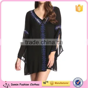 Women's Embroidered Detail Loose Fit Sheer Fabric Long Sleeve Tunic Dress thumbnail-1