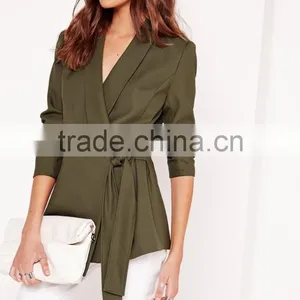 Latest Lady Khaki Tie Front Casual Soft Blazer Elegant Design thumbnail-1
