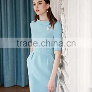 Ladies Slim Fit Light Blue Short Sleeve Elegent Dress thumbnail-2