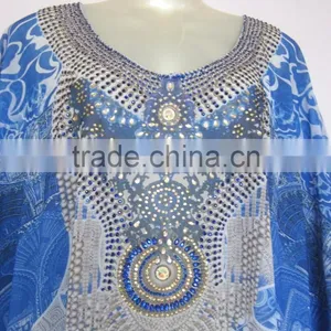 BLUE Digital Crystal Embellished Lace up Kaftan CAFTAN Tunic Poncho Blouse thumbnail-2