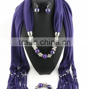 Purple Beaded Charms Bracelets Earrings Necklace Scarves Set Handmade Custom Jewelry Set for Christmas Party thumbnail-1