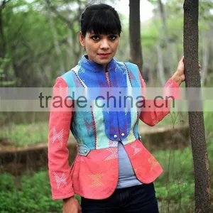 Vintage Kantha Jacket in Color Block & Contrast Lapel ~ Small thumbnail-1