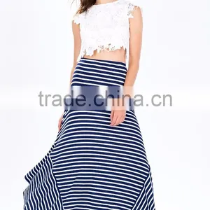 2015 Wholesale Fashion Design Women Stripe Long Skirt Asymmetrical High Waist Maxi Long Skirt for Women thumbnail-2