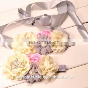 Chiffon Flower Matching Baby Headband Tiara Headband Wedding Sash Flowergirl Sash Belt Photography Props thumbnail-1