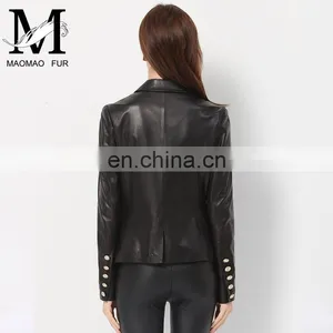 Lady Casual Spring Long Sleeve Beaded Leather Motorcycle Jacket thumbnail-2