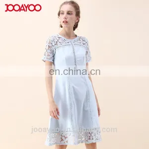 Women Elegant Short Sleeve Flower Lace Embroidered Crochet Dress in Blue thumbnail-1
