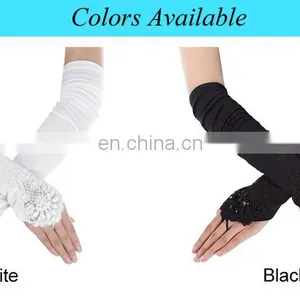 Grace Karin Womens 19" Lace Embellished Pleated Black And White Color Fingerless Gloves Bridal Wedding Gloves CL010471 thumbnail-6