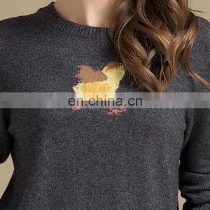 Designs For Girls Round Collar Slim Fit Deep Gray Jacquard 100% Cashmere Sweater thumbnail-3