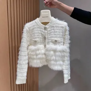 New Socialite Style Lady Fox Fur Knitted Cardigan Round Neck Slimming Sweater Jacket for Women thumbnail-1